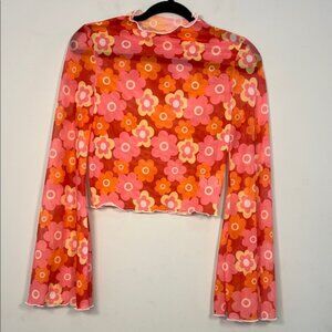 H&M Women's Sheer‎ Butterfly Sleeve Orange Pink Red Floral 70's Cropped Shirt